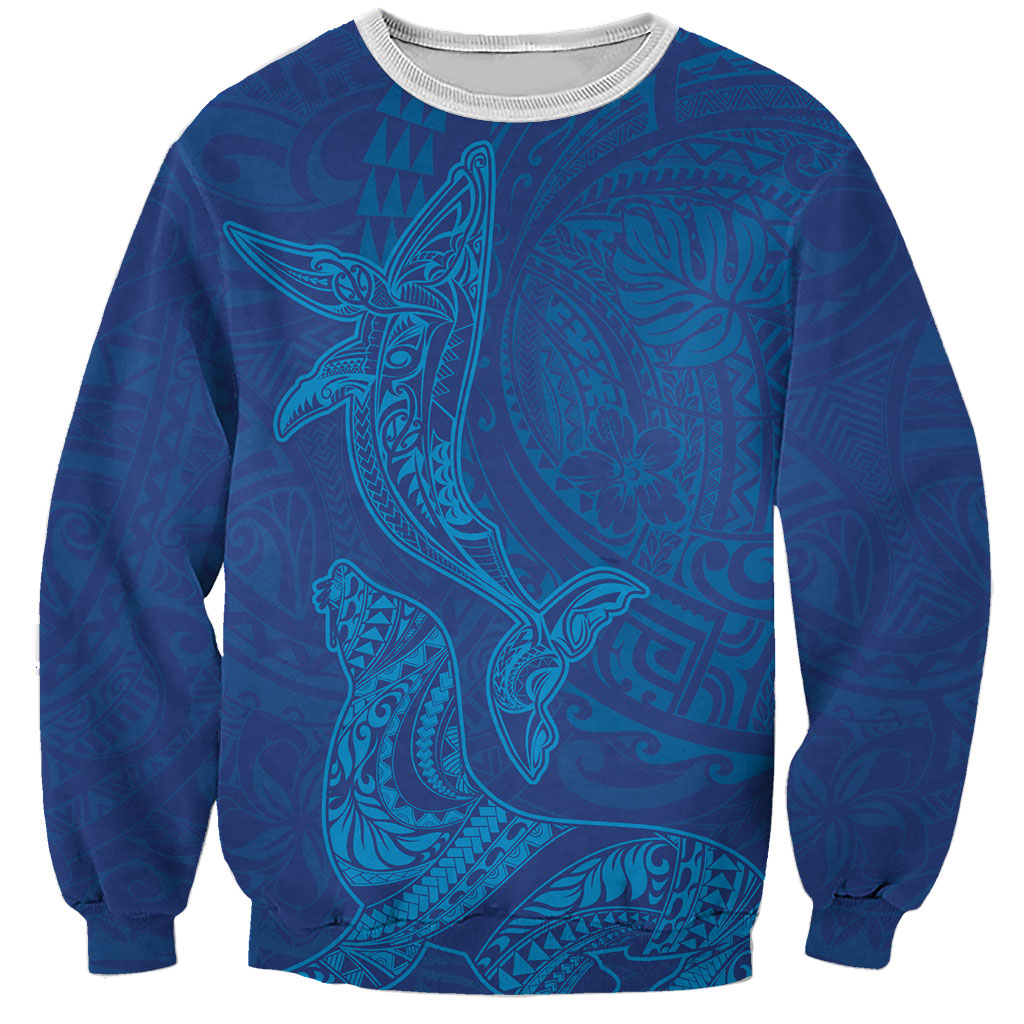 Hawaiian Monk Seal and Whale Sweatshirt Kakau Tribal Pattern Blue Color LT03 Unisex Blue - Polynesian Pride