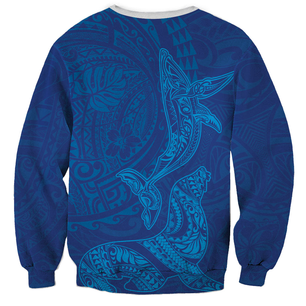 Hawaiian Monk Seal and Whale Sweatshirt Kakau Tribal Pattern Blue Color LT03 - Polynesian Pride