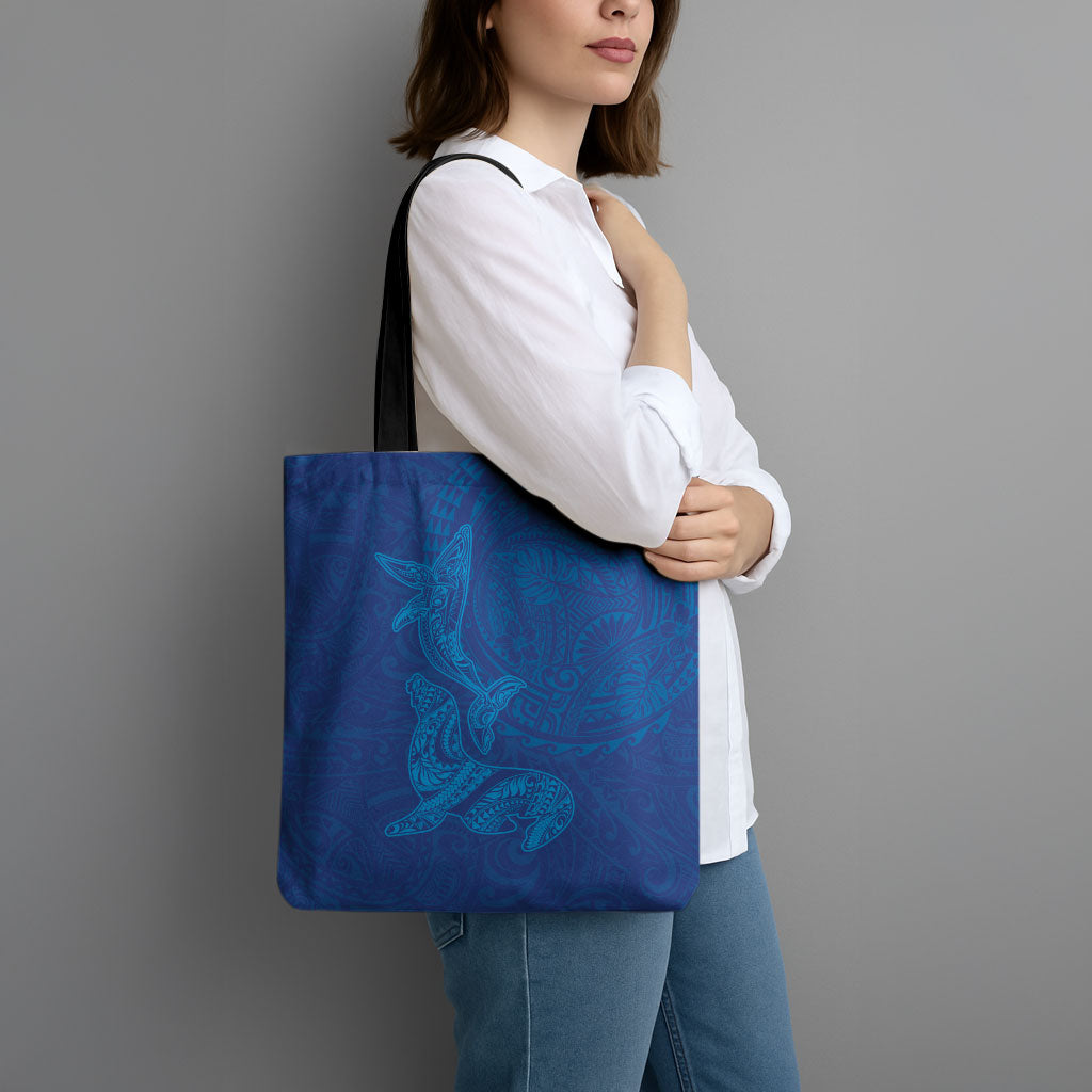 Hawaiian Monk Seal and Whale Tote Bag Kakau Tribal Pattern Blue Color