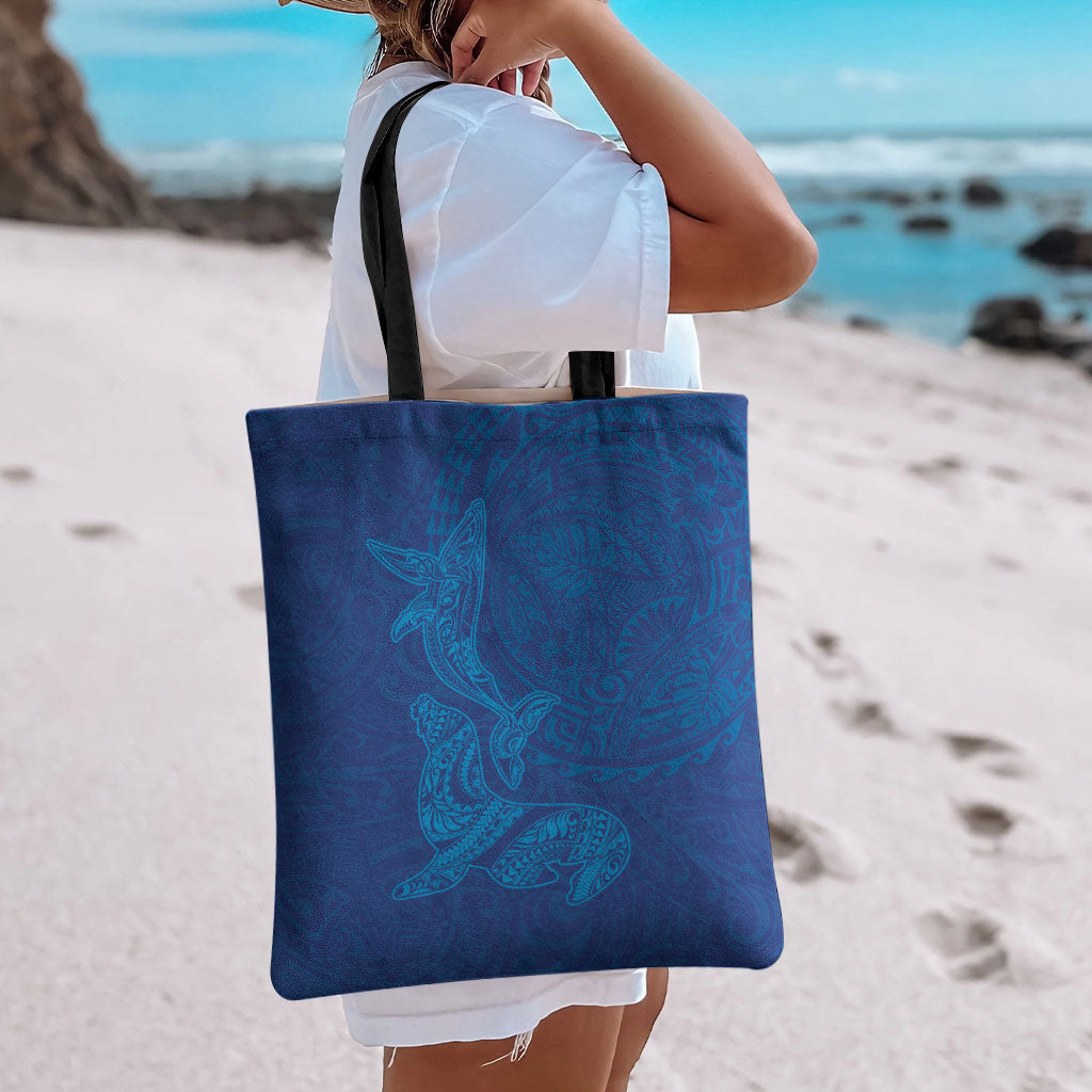 Hawaiian Monk Seal and Whale Tote Bag Kakau Tribal Pattern Blue Color