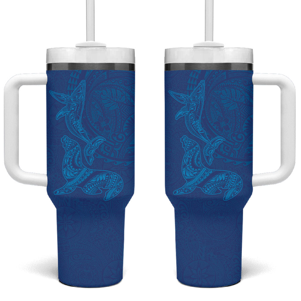 Hawaiian Monk Seal and Whale Tumbler With Handle Kakau Tribal Pattern Blue Color LT03 One Size: 40 oz Blue - Polynesian Pride
