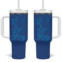 Hawaiian Monk Seal and Whale Tumbler With Handle Kakau Tribal Pattern Blue Color LT03 One Size: 40 oz Blue - Polynesian Pride