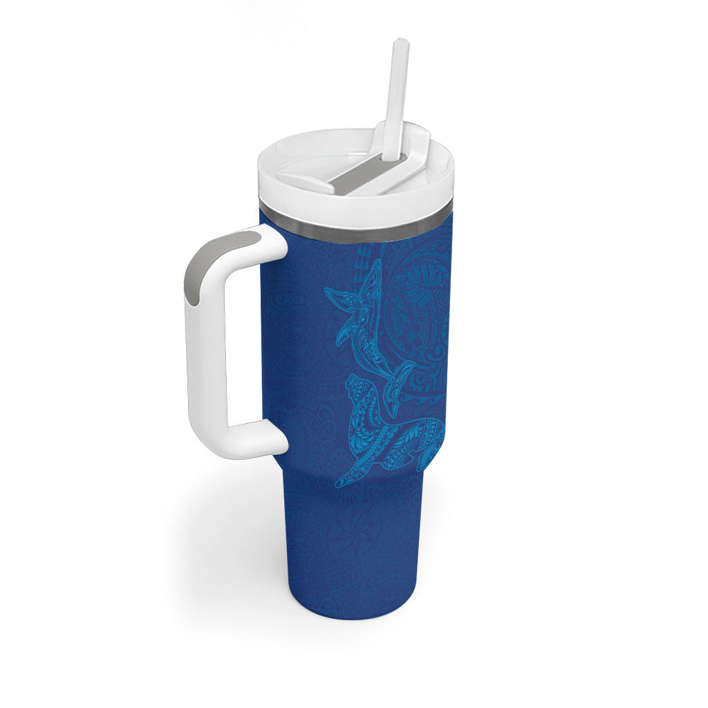 Hawaiian Monk Seal and Whale Tumbler With Handle Kakau Tribal Pattern Blue Color LT03 - Polynesian Pride