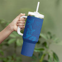 Hawaiian Monk Seal and Whale Tumbler With Handle Kakau Tribal Pattern Blue Color LT03 - Polynesian Pride