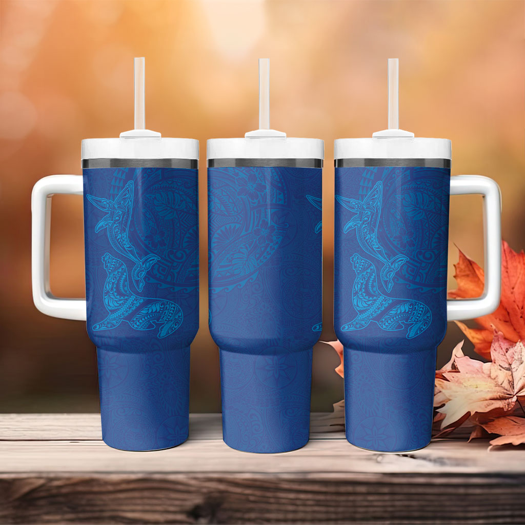 Hawaiian Monk Seal and Whale Tumbler With Handle Kakau Tribal Pattern Blue Color LT03 - Polynesian Pride