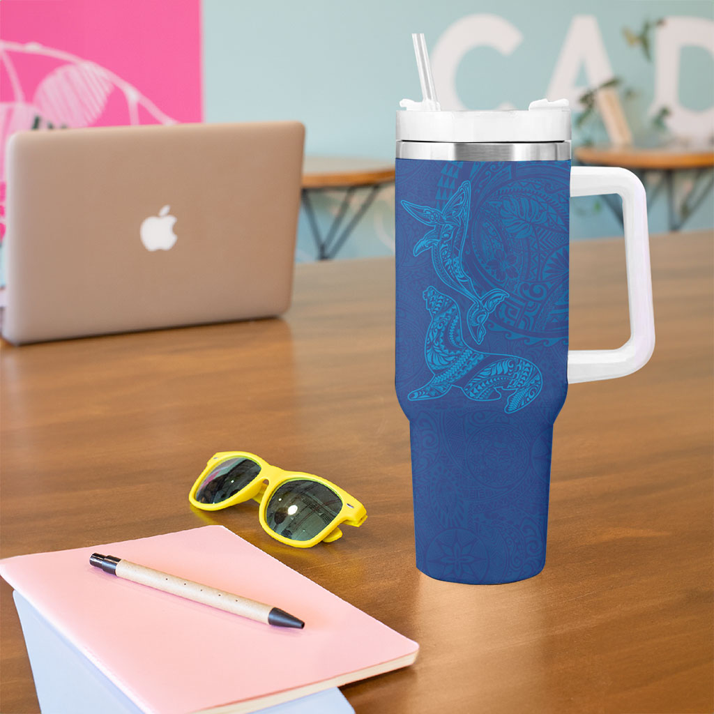 Hawaiian Monk Seal and Whale Tumbler With Handle Kakau Tribal Pattern Blue Color LT03 - Polynesian Pride
