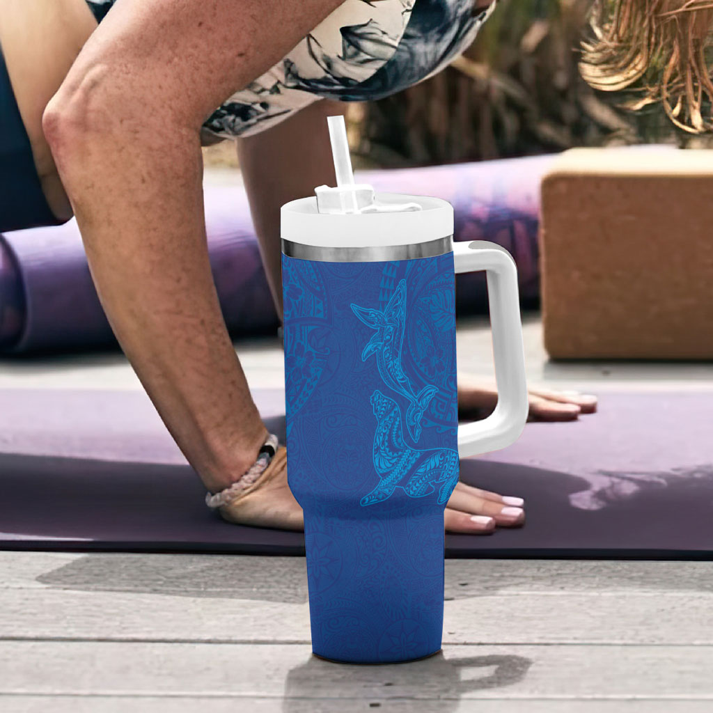 Hawaiian Monk Seal and Whale Tumbler With Handle Kakau Tribal Pattern Blue Color LT03 - Polynesian Pride