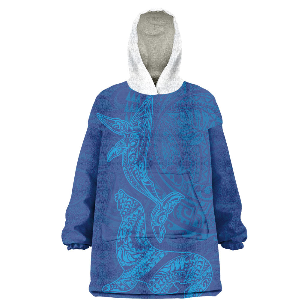 Hawaiian Monk Seal and Whale Wearable Blanket Hoodie Kakau Tribal Pattern Blue Color LT03 One Size Blue - Polynesian Pride