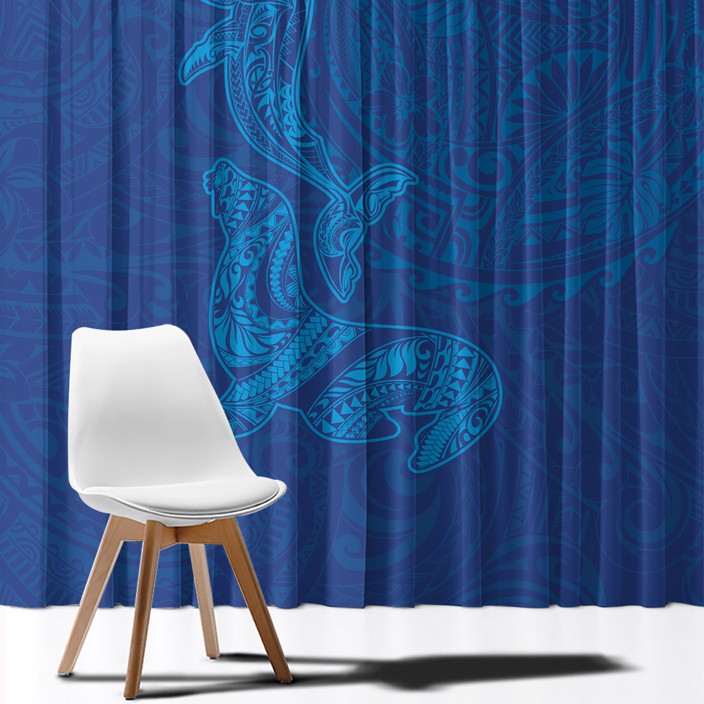 Hawaiian Monk Seal and Whale Window Curtain Kakau Tribal Pattern Blue Color LT03 - Polynesian Pride