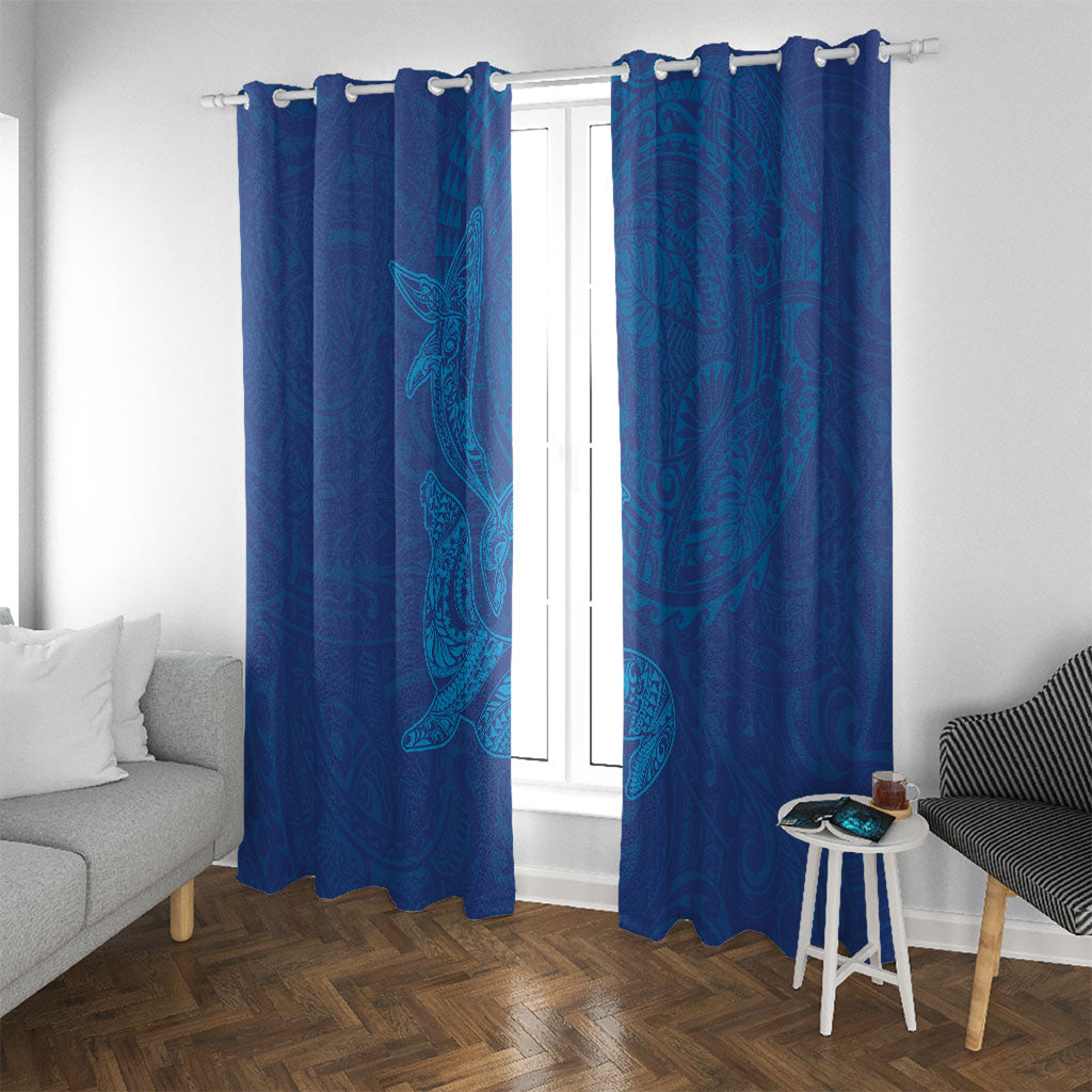 Hawaiian Monk Seal and Whale Window Curtain Kakau Tribal Pattern Blue Color LT03 With Grommets Blue - Polynesian Pride