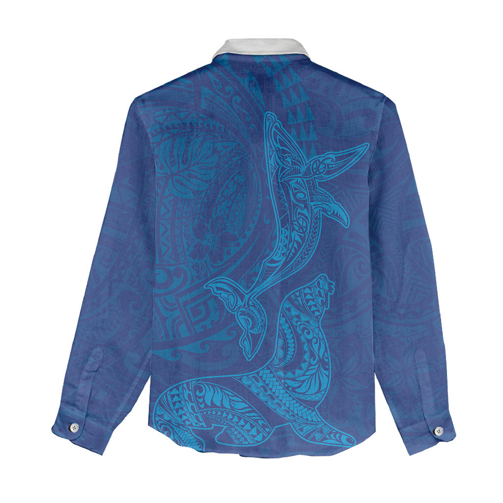Hawaiian Monk Seal and Whale Women Casual Shirt Kakau Tribal Pattern Blue Color