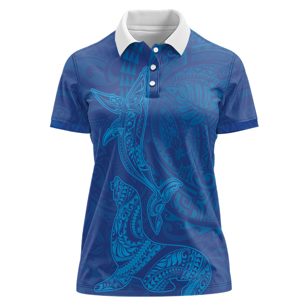 Hawaiian Monk Seal and Whale Women Polo Shirt Kakau Tribal Pattern Blue Color LT03 Female Blue - Polynesian Pride