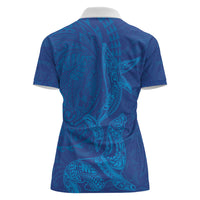 Hawaiian Monk Seal and Whale Women Polo Shirt Kakau Tribal Pattern Blue Color LT03 - Polynesian Pride