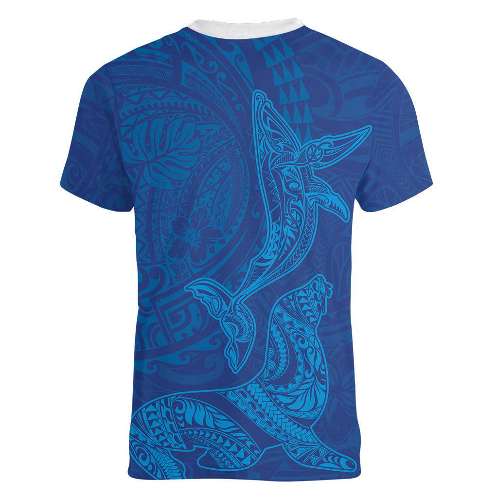 Hawaiian Monk Seal and Whale Women V-Neck T-Shirt Kakau Tribal Pattern Blue Color