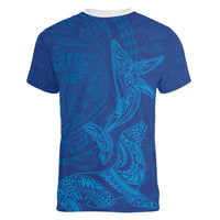 Hawaiian Monk Seal and Whale Women V-Neck T-Shirt Kakau Tribal Pattern Blue Color