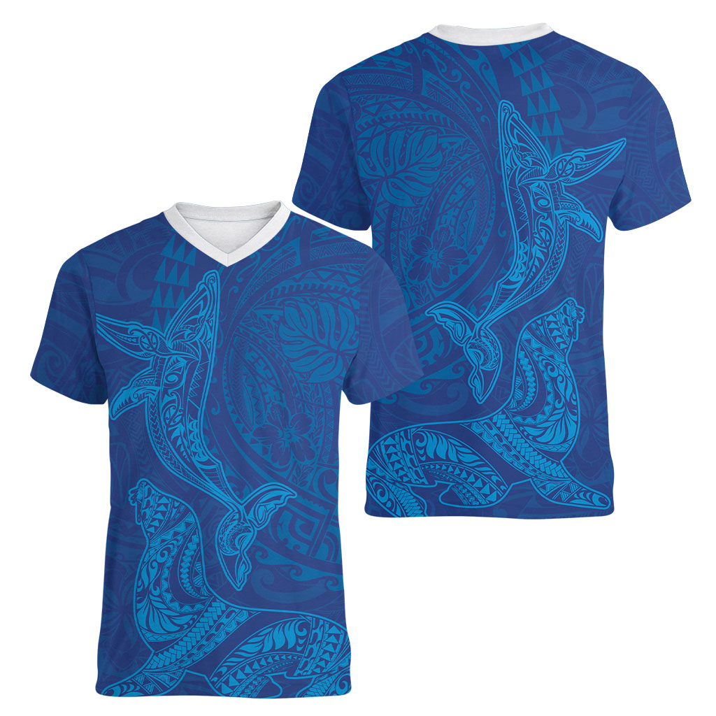 Hawaiian Monk Seal and Whale Women V-Neck T-Shirt Kakau Tribal Pattern Blue Color