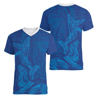 Hawaiian Monk Seal and Whale Women V-Neck T-Shirt Kakau Tribal Pattern Blue Color