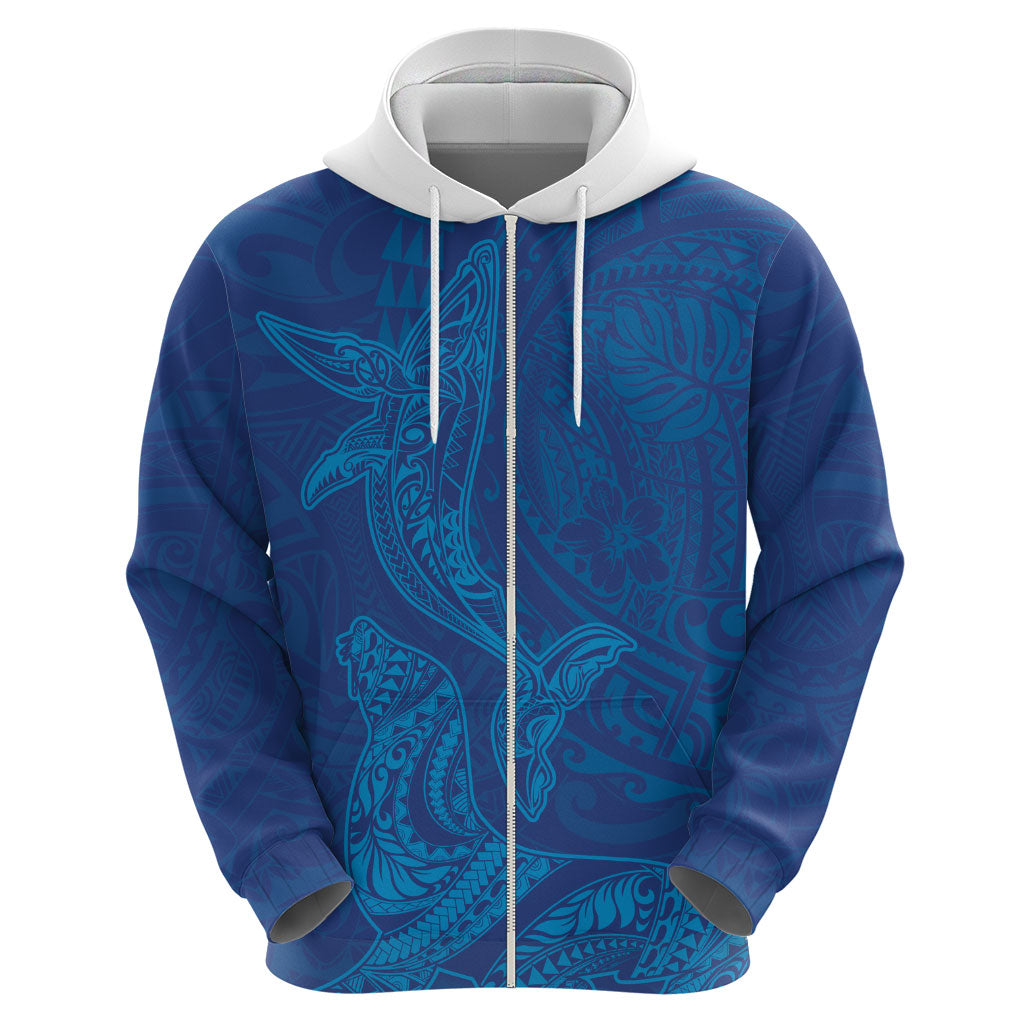 Hawaiian Monk Seal and Whale Zip Hoodie Kakau Tribal Pattern Blue Color LT03 - Polynesian Pride