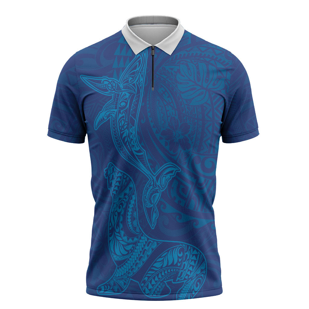 Hawaiian Monk Seal and Whale Zipper Polo Shirt Kakau Tribal Pattern Blue Color LT03 Blue - Polynesian Pride