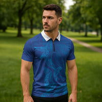 Hawaiian Monk Seal and Whale Zipper Polo Shirt Kakau Tribal Pattern Blue Color LT03 - Polynesian Pride