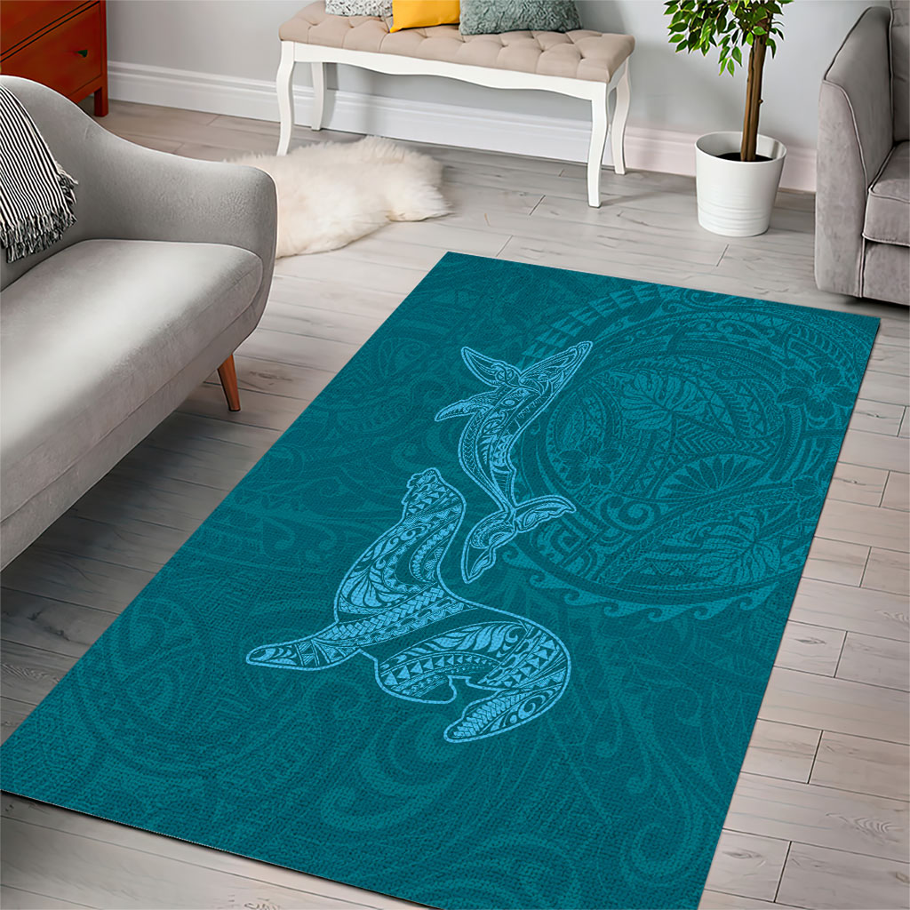 Hawaiian Monk Seal and Whale Area Rug Kakau Tribal Pattern Teal Color LT03 - Polynesian Pride