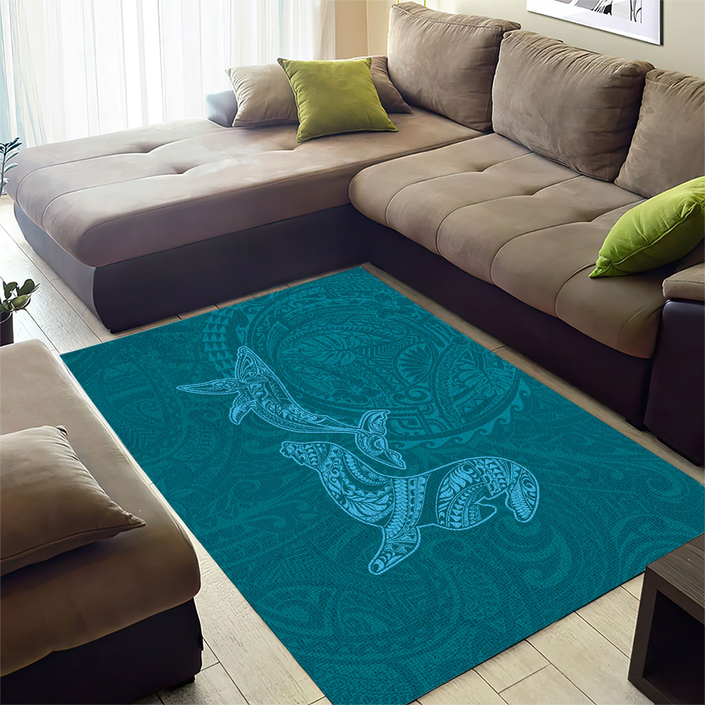Hawaiian Monk Seal and Whale Area Rug Kakau Tribal Pattern Teal Color LT03 - Polynesian Pride