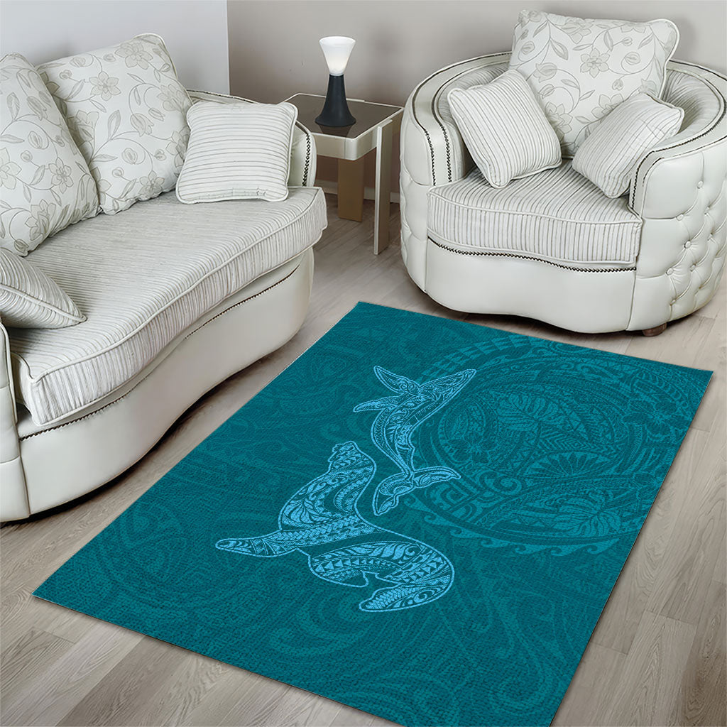 Hawaiian Monk Seal and Whale Area Rug Kakau Tribal Pattern Teal Color LT03 - Polynesian Pride