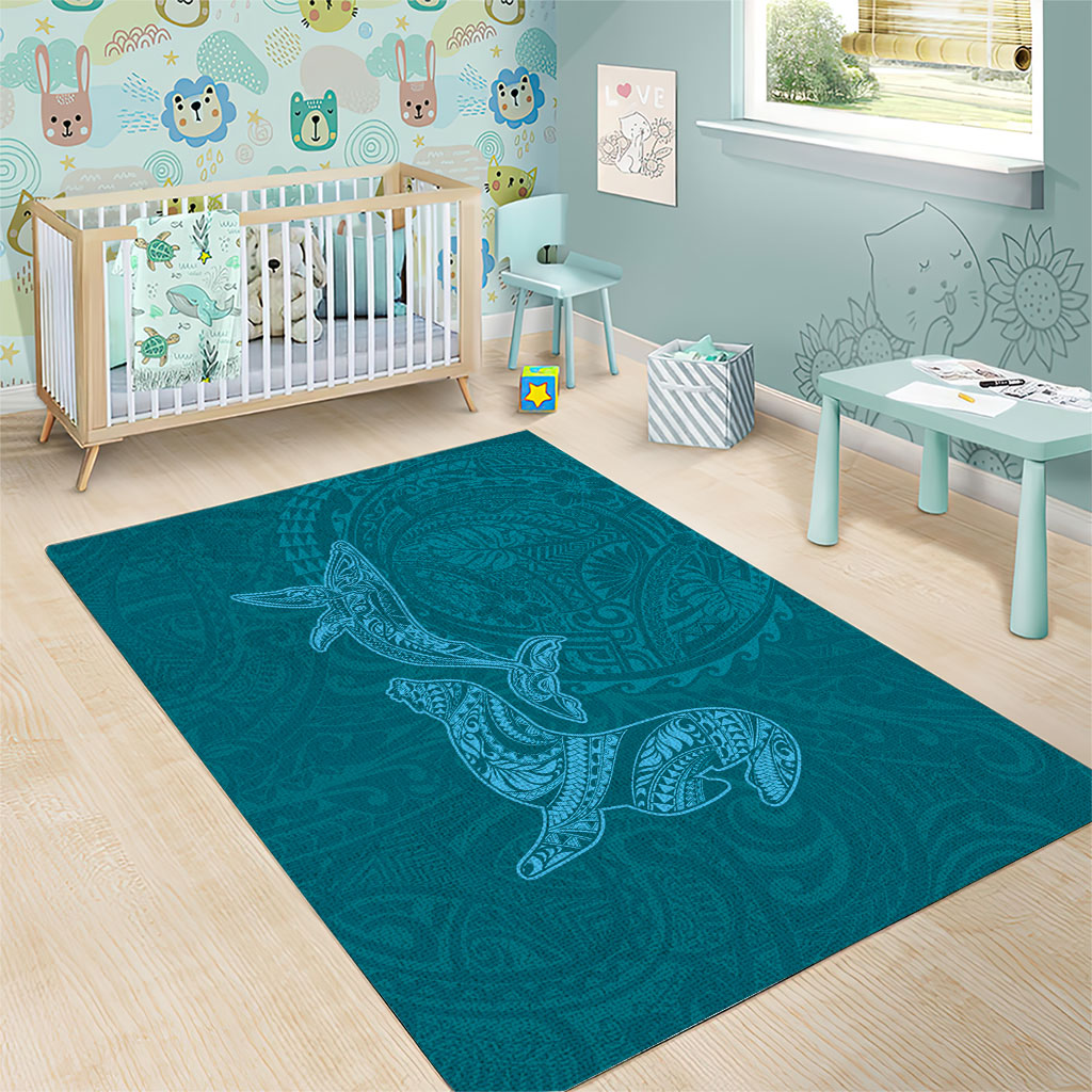 Hawaiian Monk Seal and Whale Area Rug Kakau Tribal Pattern Teal Color LT03 - Polynesian Pride