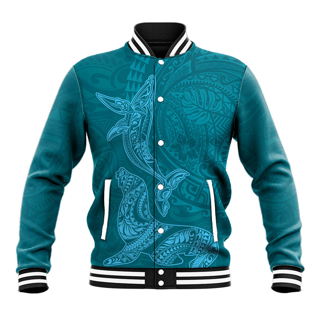 Hawaiian Monk Seal and Whale Baseball Jacket Kakau Tribal Pattern Teal Color LT03 Unisex Teal - Polynesian Pride