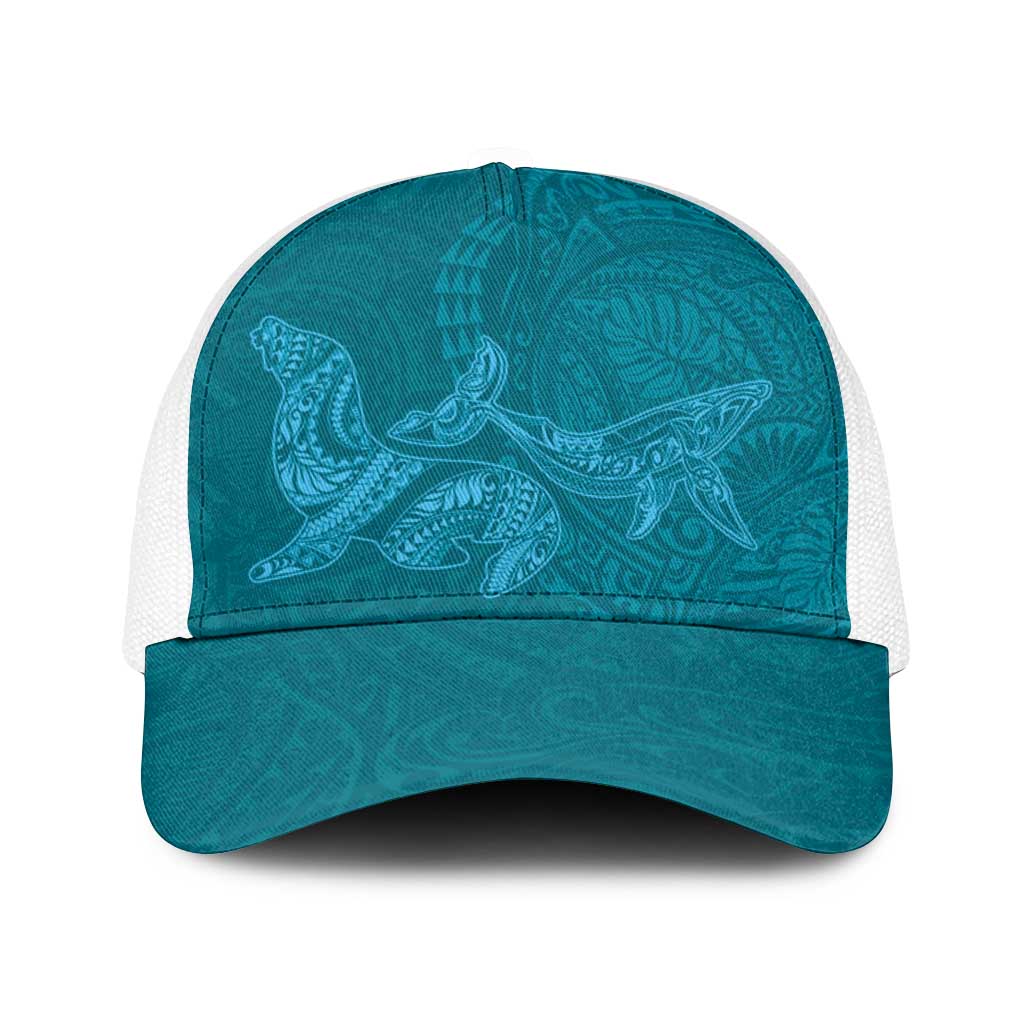 Hawaiian Monk Seal and Whale Baseball Net Cap Kakau Tribal Pattern Teal Color LT03 One Size White Teal - Polynesian Pride