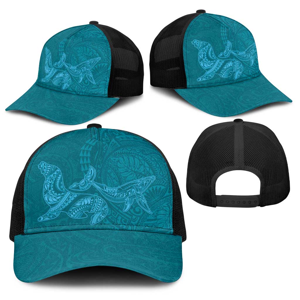 Hawaiian Monk Seal and Whale Baseball Net Cap Kakau Tribal Pattern Teal Color LT03 - Polynesian Pride