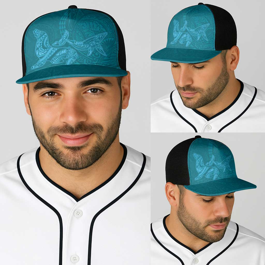 Hawaiian Monk Seal and Whale Baseball Net Cap Kakau Tribal Pattern Teal Color LT03 - Polynesian Pride