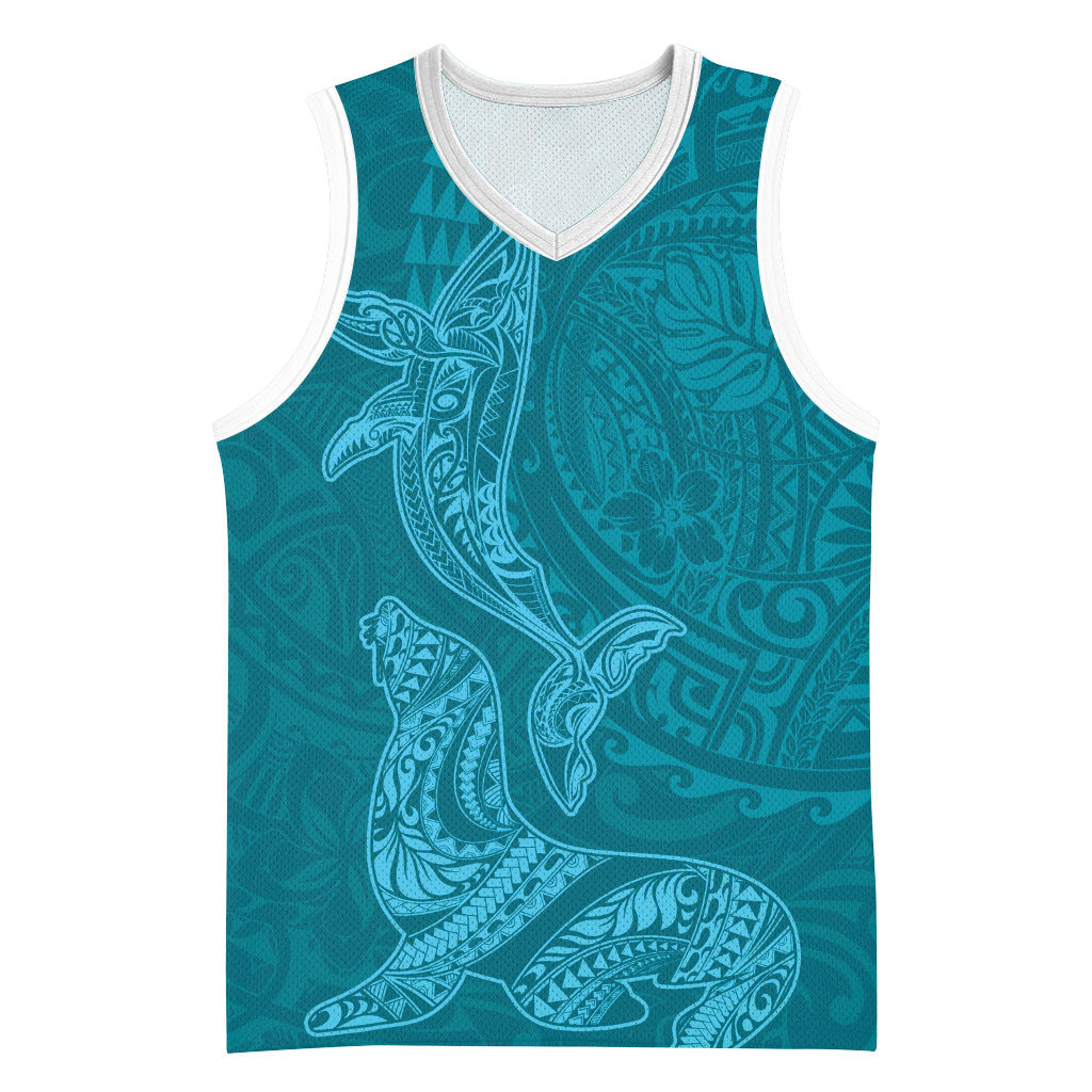 Hawaiian Monk Seal and Whale Basketball Jersey Kakau Tribal Pattern Teal Color LT03 Unisex Teal - Polynesian Pride