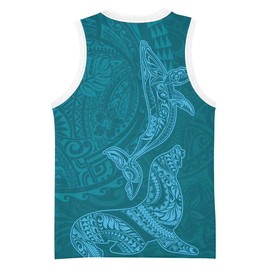 Hawaiian Monk Seal and Whale Basketball Jersey Kakau Tribal Pattern Teal Color LT03 - Polynesian Pride