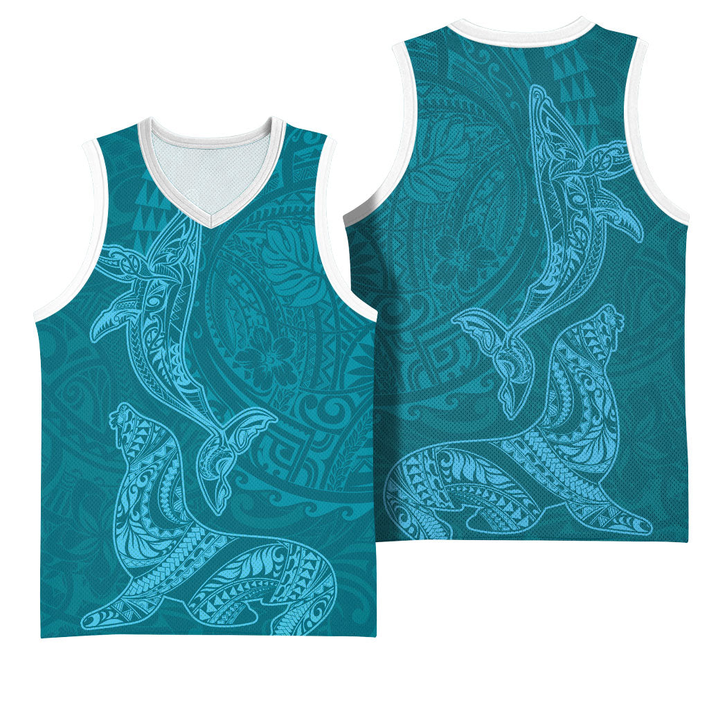 Hawaiian Monk Seal and Whale Basketball Jersey Kakau Tribal Pattern Teal Color LT03 - Polynesian Pride