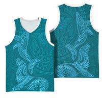 Hawaiian Monk Seal and Whale Basketball Jersey Kakau Tribal Pattern Teal Color LT03 - Polynesian Pride
