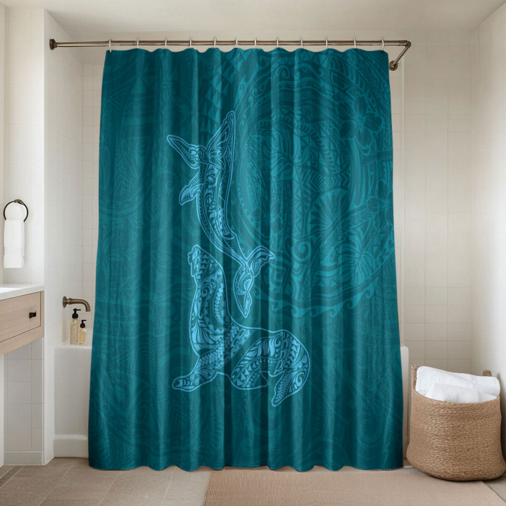 Hawaiian Monk Seal and Whale Bathroom Set Kakau Tribal Pattern Teal Color LT03 Shower Curtain Only Teal - Polynesian Pride