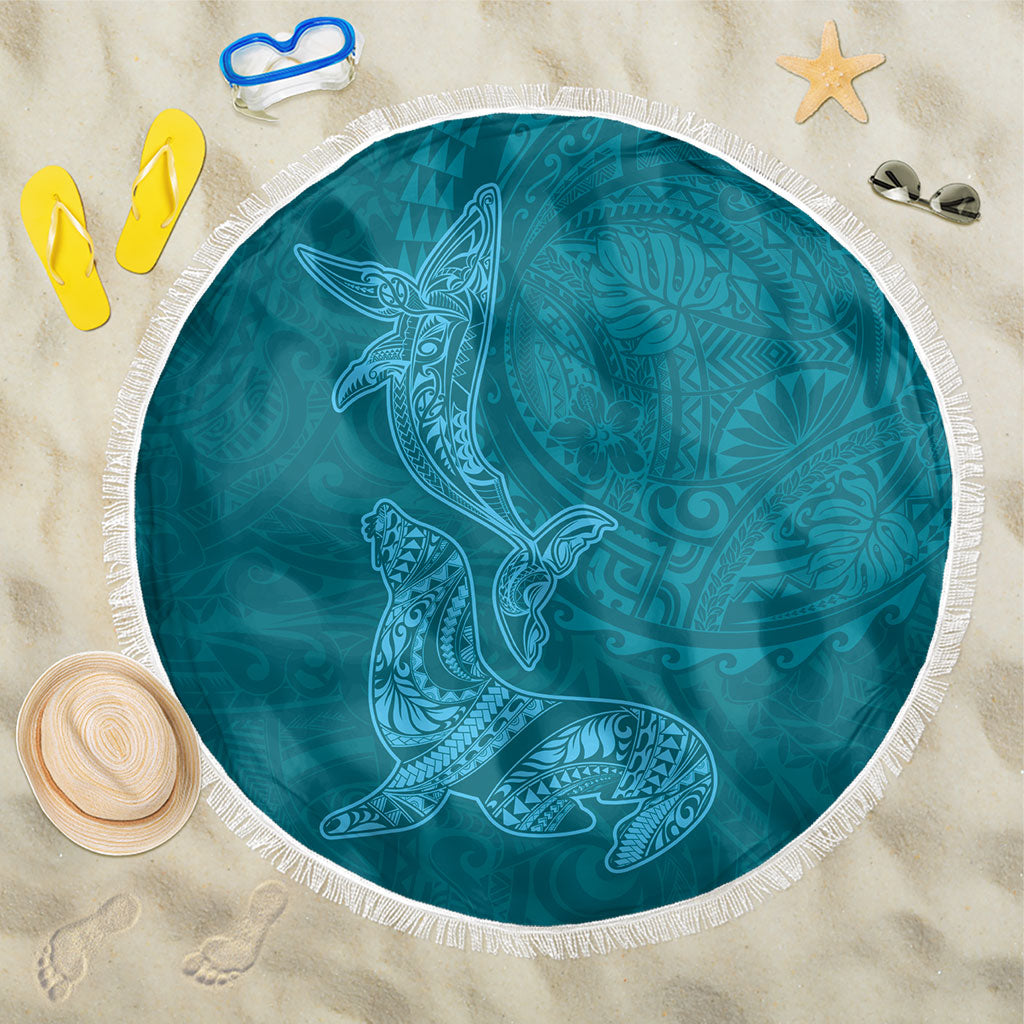 Hawaiian Monk Seal and Whale Beach Blanket Kakau Tribal Pattern Teal Color LT03 One Size 150cm Teal - Polynesian Pride