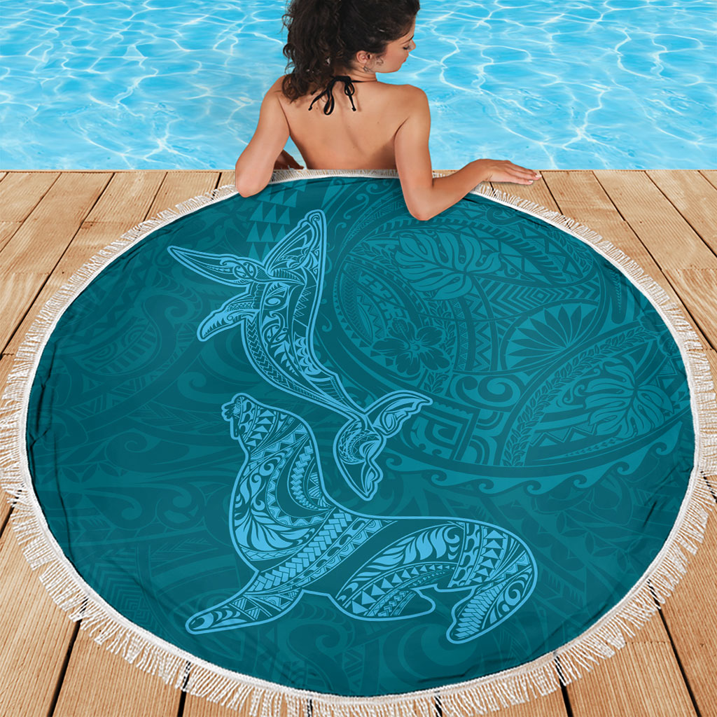 Hawaiian Monk Seal and Whale Beach Blanket Kakau Tribal Pattern Teal Color LT03 - Polynesian Pride