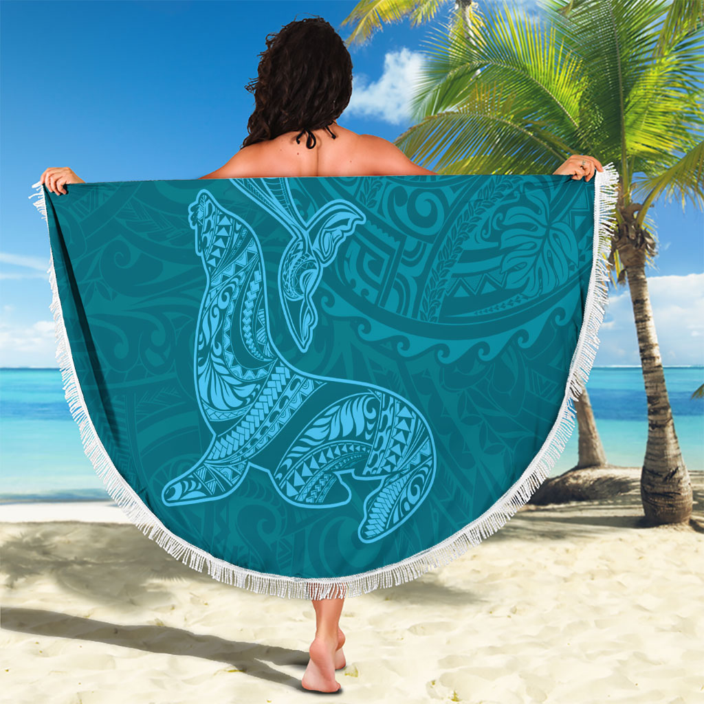 Hawaiian Monk Seal and Whale Beach Blanket Kakau Tribal Pattern Teal Color LT03 - Polynesian Pride