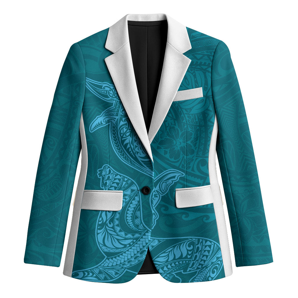 Hawaiian Monk Seal and Whale Blazer Kakau Tribal Pattern Teal Color LT03 Unisex Teal - Polynesian Pride