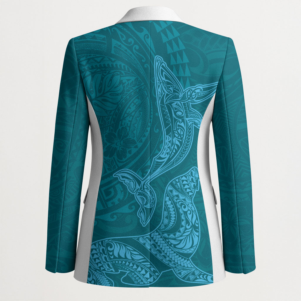 Hawaiian Monk Seal and Whale Blazer Kakau Tribal Pattern Teal Color LT03 - Polynesian Pride