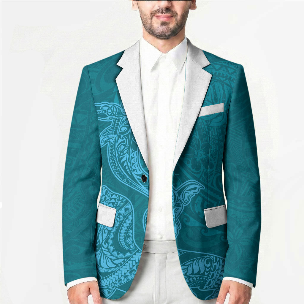Hawaiian Monk Seal and Whale Blazer Kakau Tribal Pattern Teal Color LT03 - Polynesian Pride