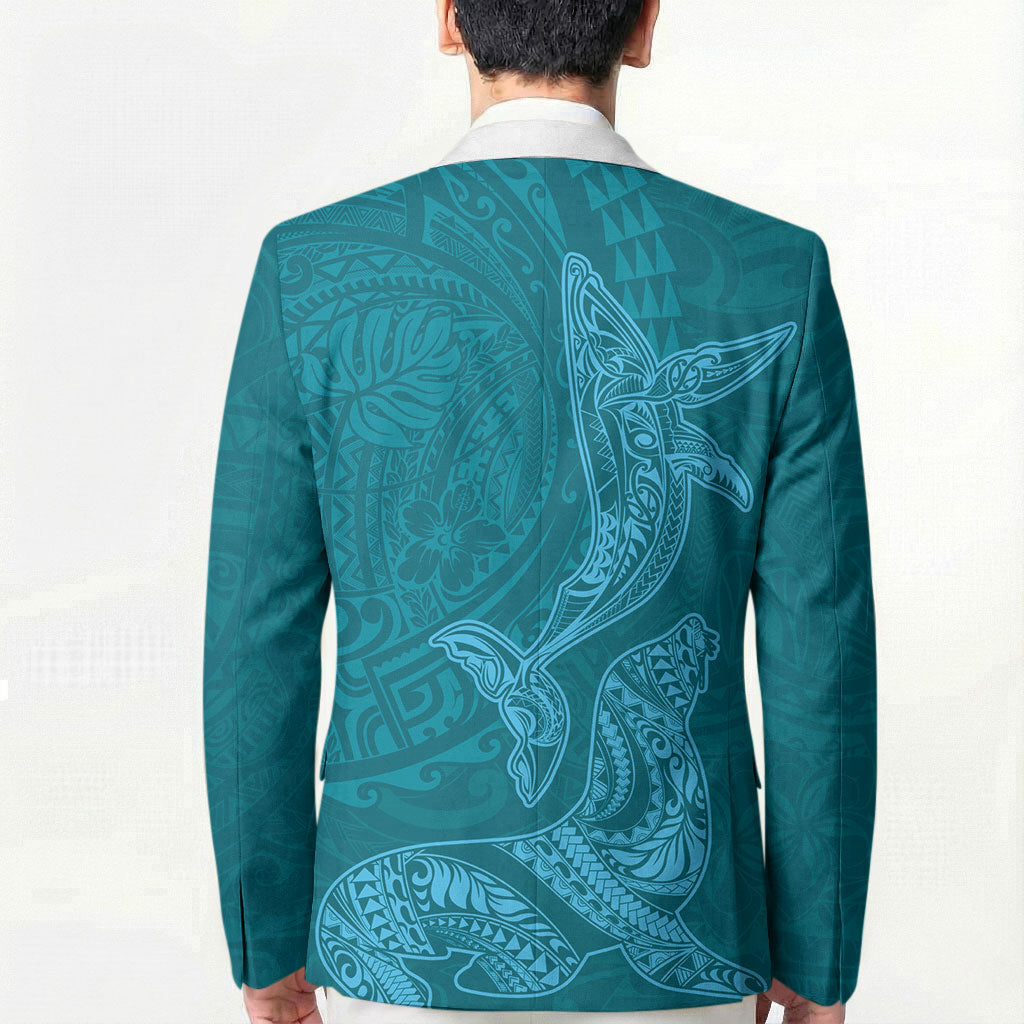 Hawaiian Monk Seal and Whale Blazer Kakau Tribal Pattern Teal Color LT03 - Polynesian Pride