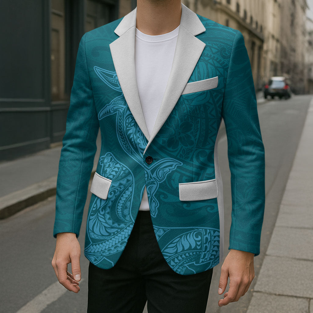 Hawaiian Monk Seal and Whale Blazer Kakau Tribal Pattern Teal Color LT03 - Polynesian Pride