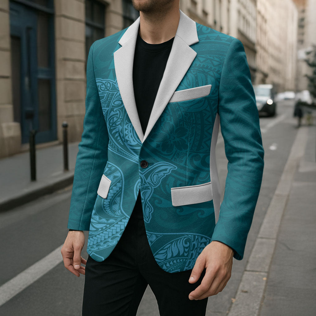Hawaiian Monk Seal and Whale Blazer Kakau Tribal Pattern Teal Color LT03 - Polynesian Pride