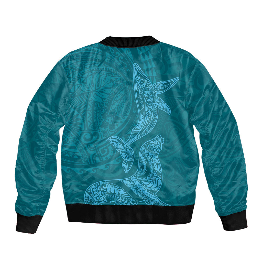 Hawaiian Monk Seal and Whale Bomber Jacket Kakau Tribal Pattern Teal Color LT03 - Polynesian Pride
