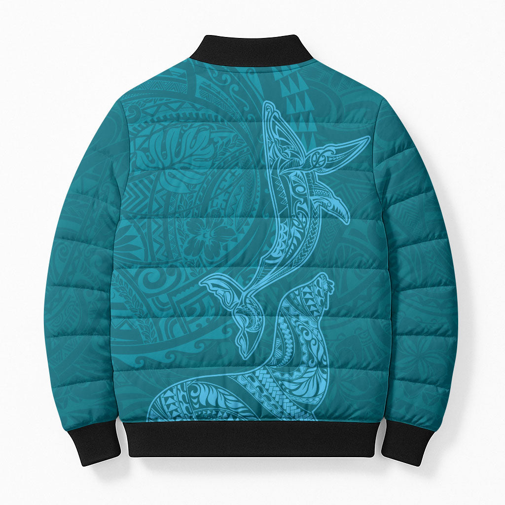 Hawaiian Monk Seal and Whale Bomber Puffer Jacket Kakau Tribal Pattern Teal Color LT03 - Polynesian Pride