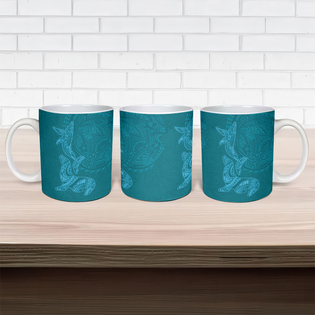 Hawaiian Monk Seal and Whale Ceramic Mug Kakau Tribal Pattern Teal Color LT03 - Polynesian Pride