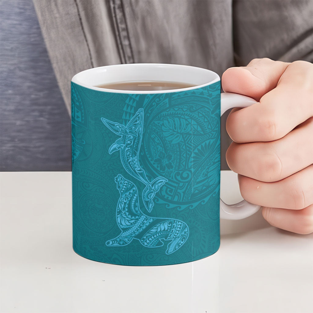 Hawaiian Monk Seal and Whale Ceramic Mug Kakau Tribal Pattern Teal Color LT03 - Polynesian Pride